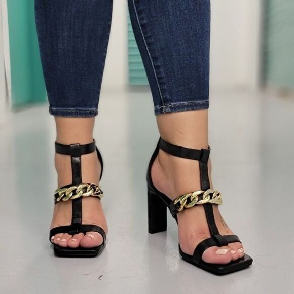 Women's Black Gold Chain Chunky Heels - Picture 4 of 5